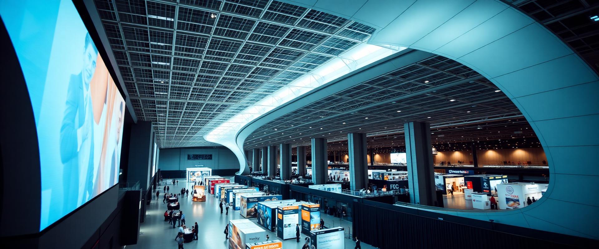Modern convention center hall with grid lighting and exhibition booths